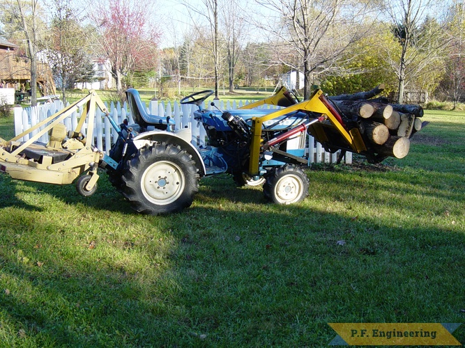 diy | ford 1110 carrying logs with 48 inch finish mower as counterweight